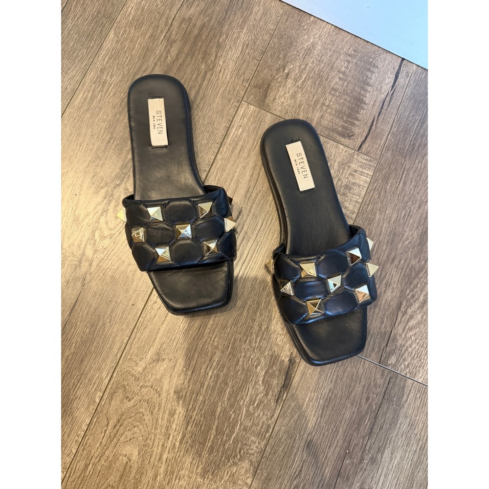 Steven New York Yemie Black Quilted Gold Studded Slide Sandals Mens 8M YEM101D1